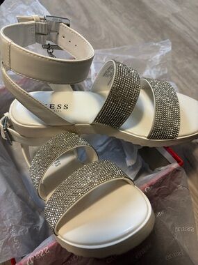 Guess Cream Platform Sandals with Sparkling Rhinestone Straps